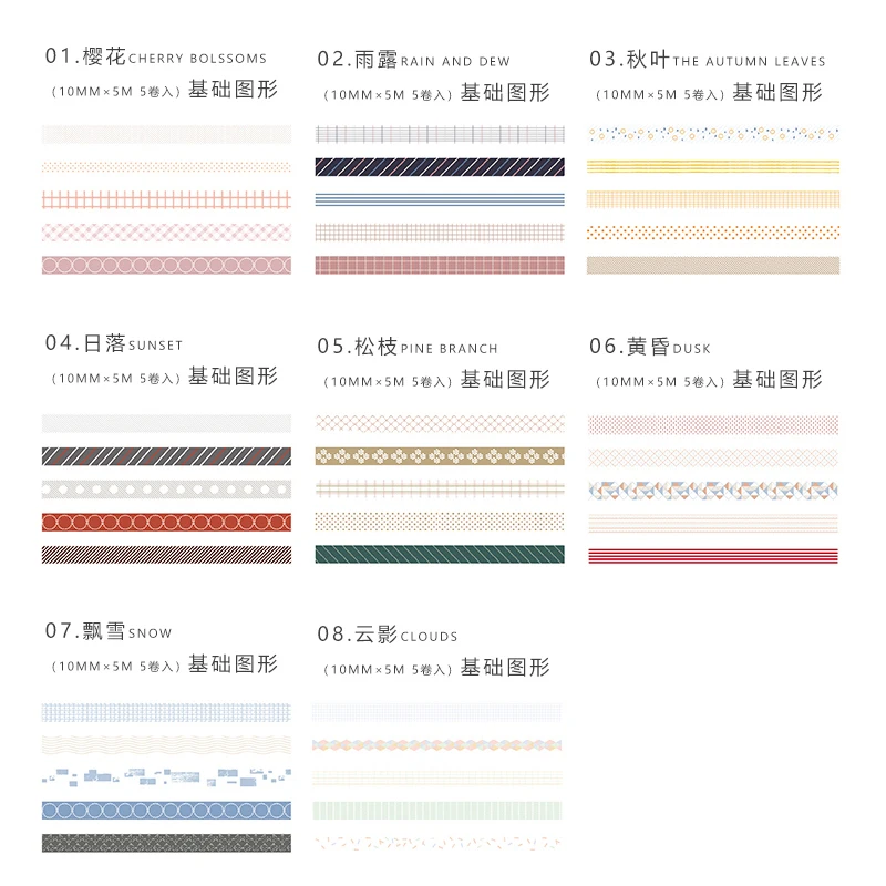 

10mm*3m*5 rolls Basic Pattern Washi Tape Set Dot Grid Triangle Scrapbook Sticker Planner Diary Decotation School Stationery
