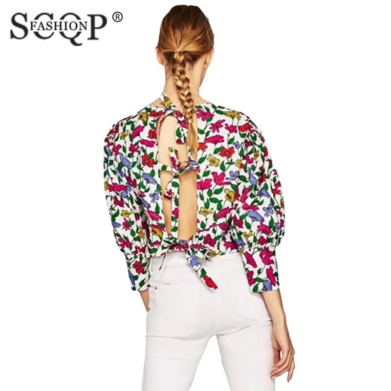 SCQP мода печати спинки с круглым вырезом Женская блузка Половина рукава хит Цвет