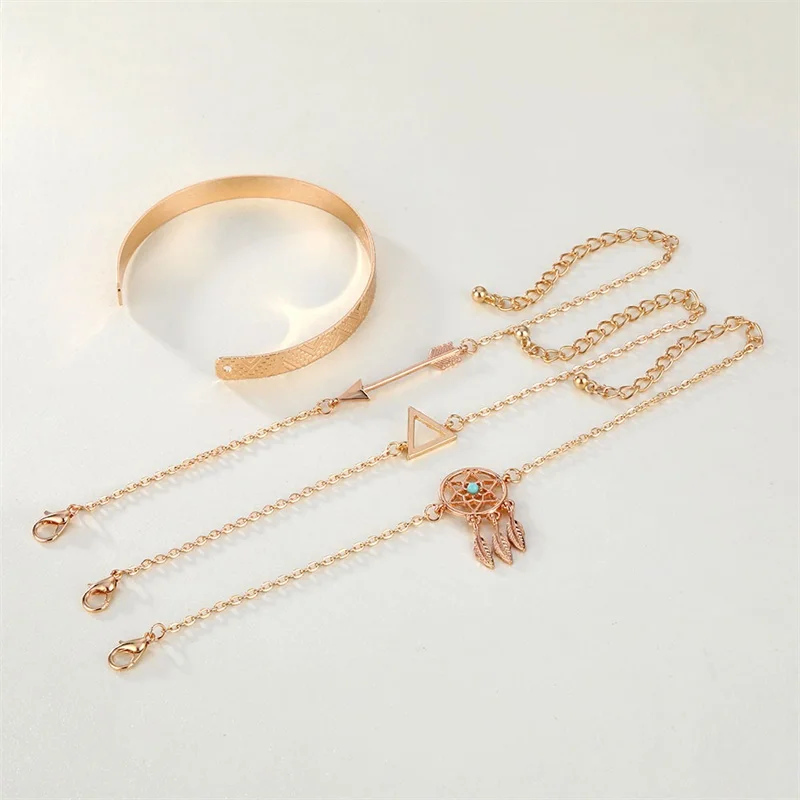 KISSWIFE 4 Pcs/Set Vintage Geometric Arrow Crystal Chain Gold Bracelets Ladies Bohemian Beach Bangle Jewelry | Украшения и