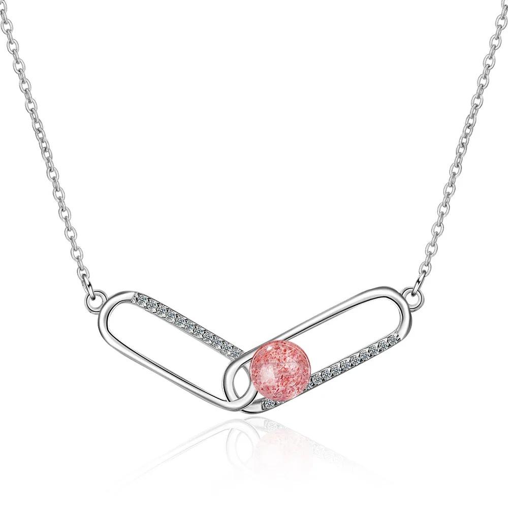 

100% 925 Sterling Silver Pink Strawberry Quartz Female Pendant Necklaces Original Jewelry For Women Short Chain Gift Cheap