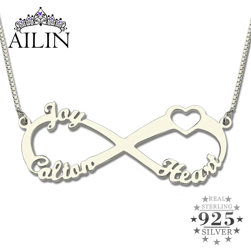 

Wholesale Sterling Silver Heart Brand Infinity Necklace with Three Names Infinity Nameplate Fashion Gift for Mother