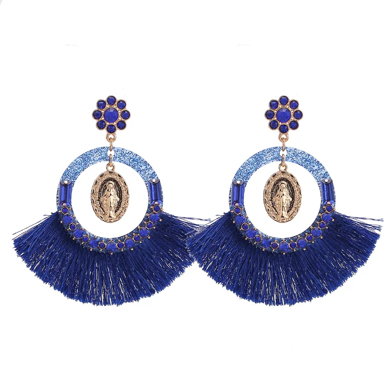 E1085 Sapphire Sehuoran, женские серьги с кисточками, Винтажные серьги, Геометрическая подвеска в виде глаз, Висячие массивные серьги, серьги с бахромой, разноцветные - Окраска металла: E1085 Sapphire
