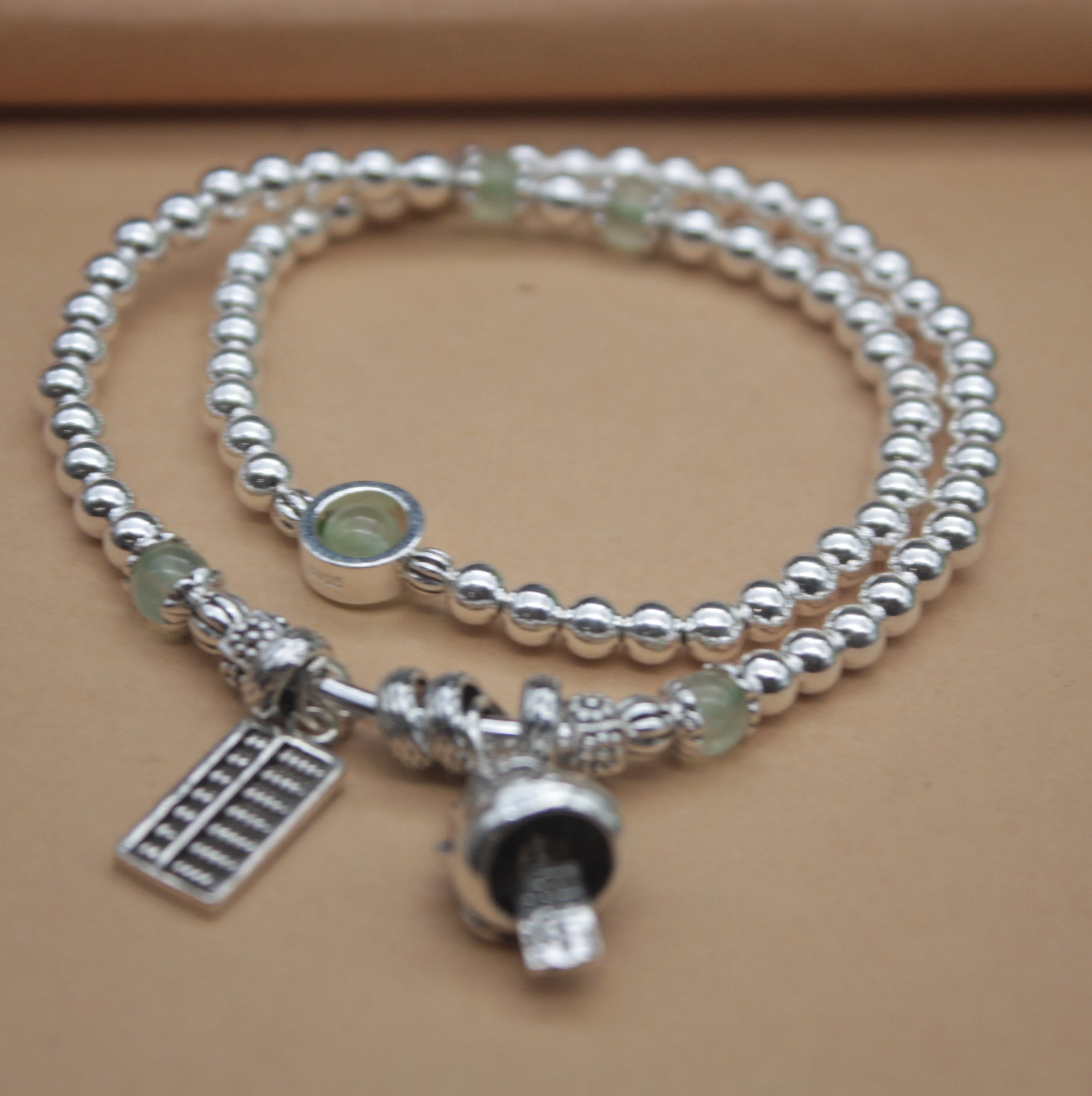 

Sterling S925 Silver Bracelet Women's Silver Smooth Round 5mm Luck Prehnite Bead Link Tassel 32cmL/12.5inchL Chain Bracelet