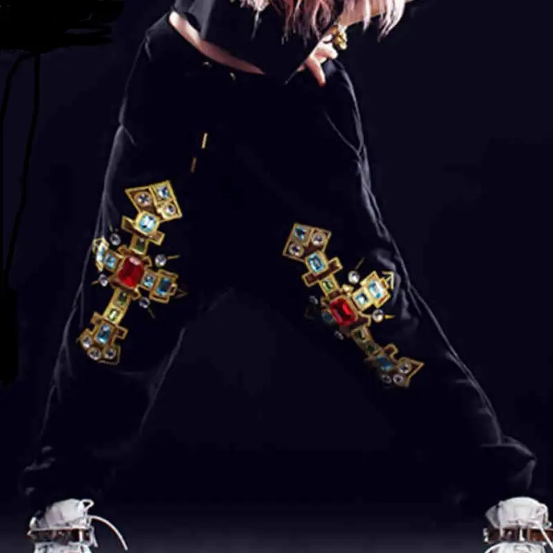 2017 Женщин Штаны Костюм Носить Крест Печати Дрель Брюки Черный Цвет Hip hop Гарем