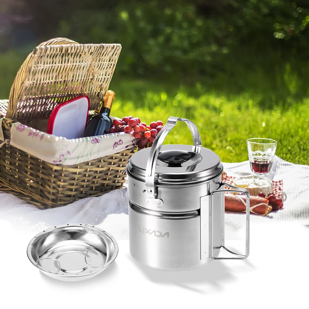 

Lixada Stainless Steel Bail Handle Camping Pot with Internal Steaming Dish Foldable Handle Outdoor Tableware