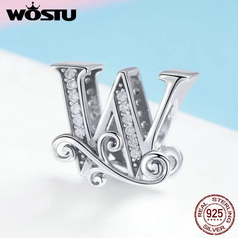 Letter W WOSTU 925 пробы серебряные буквы A-Z CZ камень бисер Подходит для женщин браслет ожерелье Мода Бижутерия подарок BNC030 - Цвет: Letter W