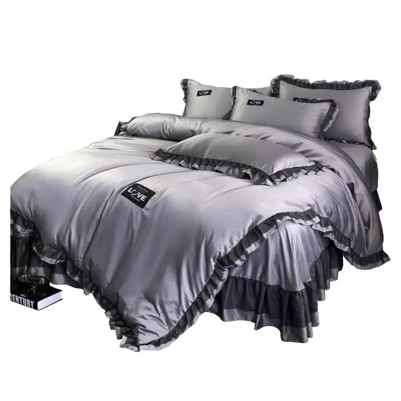 

Famvotar Luxury 4 Pieces Silky Satin Bedding Set Chic Solid Color Ruffle Bedding Set Queen King Size Summer Bedding Set Dropship
