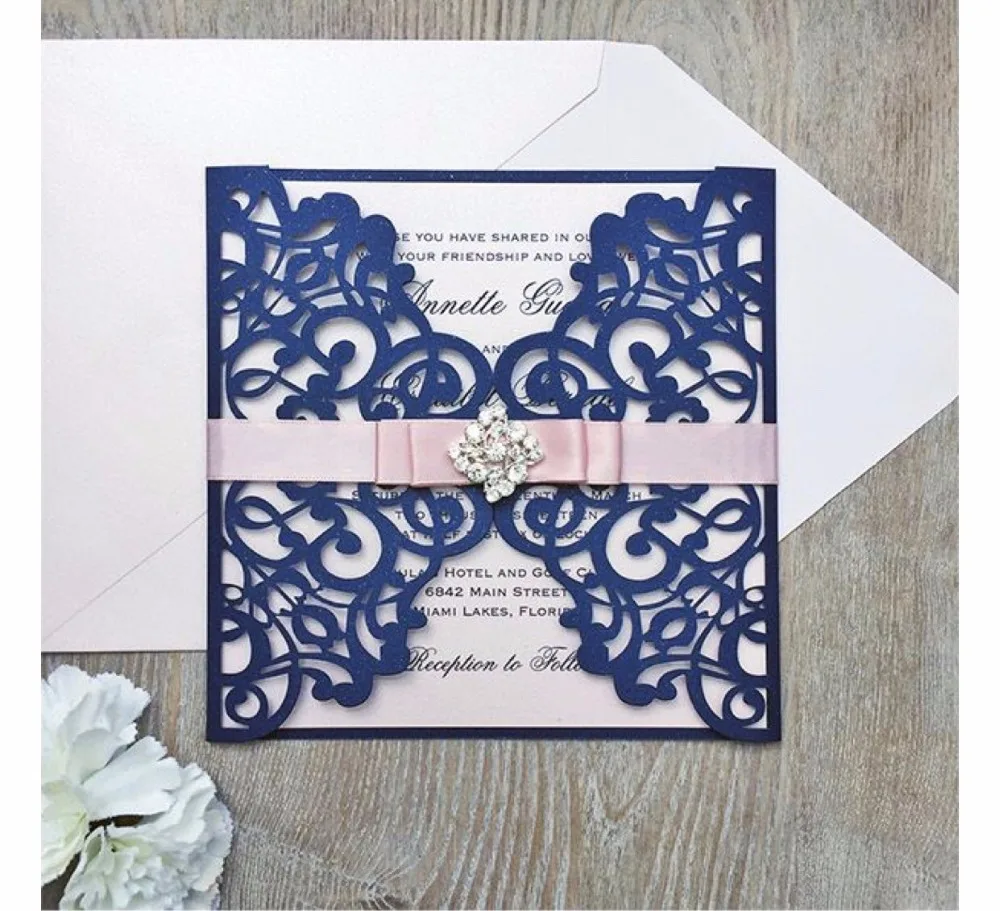 DIY printed insert paper,rush pink ribbon with big shiny rhinestone ,navy blue wedding invitaiton cards for party wholesale