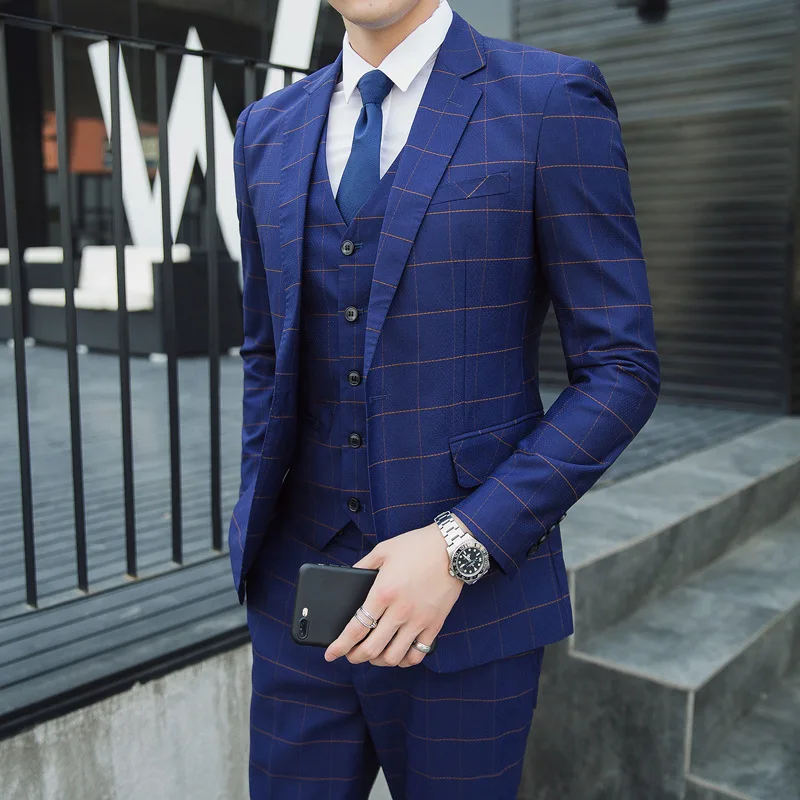 

Blazer+Vest+Pants Terno Masculino Noivo Plaid Suits Male Single-breasted Groomsman Wedding Suit Set