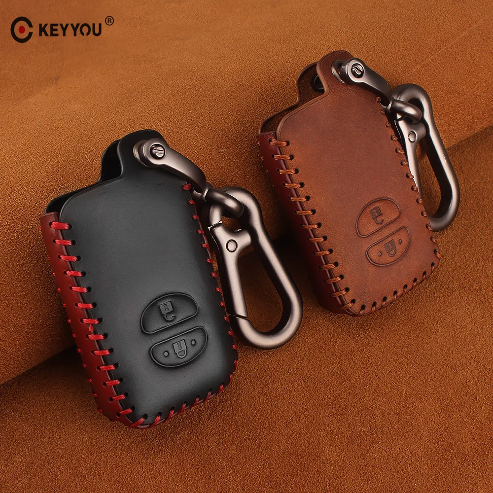 KEYYOU Leather Car Keychain 2 Buttons Key Case For Toyota Camry Crown Land Cruiser Prado 150 Prius Highlander Car Key Bag Cover