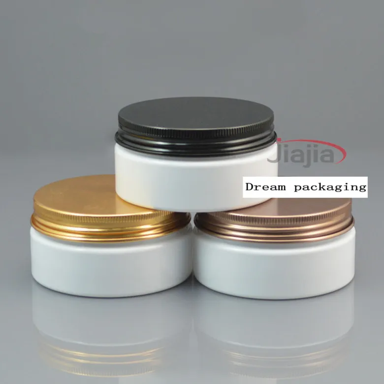 50 шт. Белый ПЭТ jar 80 г Пластик банку с золотой/Бронзовый/черный алюминиевой
