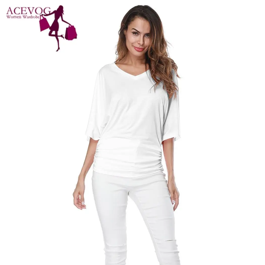 Women Summer Flare Sleeve Casual Loose Short V Neck T-shirt Solid Color Design Fashion Top | Женская одежда