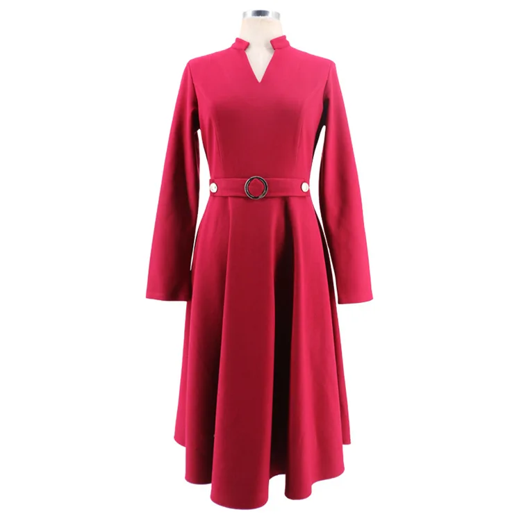 Женское офисное платье качели красное однотонное с круглым вырезом Осеннее