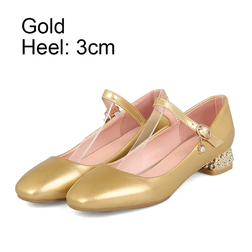 Gold 3cm Heel Серебряный Мэри Джейн низкий квадратный каблук женские туфли-лодочки с квадратным носком золотого цвета Лакированная кожа Свадебные вечерние офисные ремешок на лодыжку с кристаллами; туфли в стиле Лолиты - Цвет: Gold 3cm Heel
