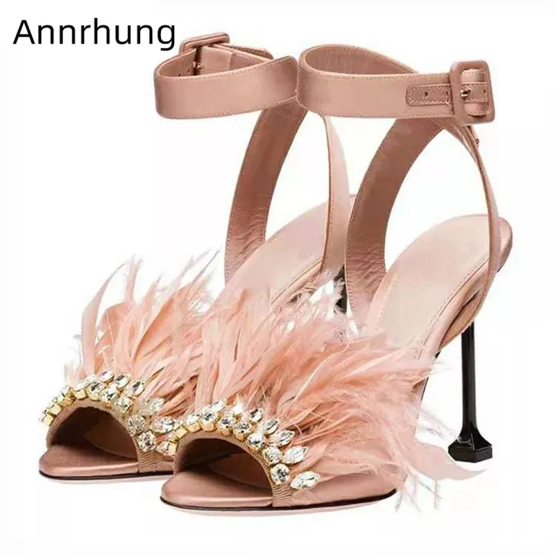 

Feather Decor High Heels Sandals Satin Shoes Woman Crystal Peep Toe Goblet Heel Sandalias Ankle Strap Black Purple Sandals Women