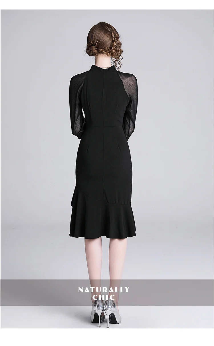 

Women Party Dress Elegant Slim New 2019 Spring Fashion Ruffles Knee-length Puff Long Sleeve Black Dress Casual Mermaid Dress