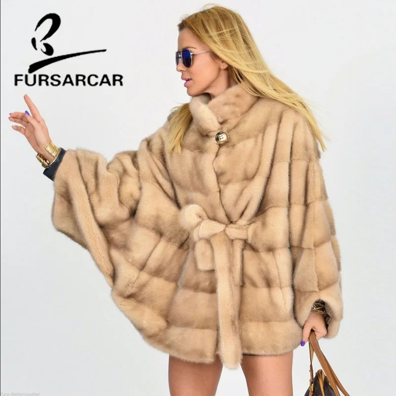 FURSARCAR Whole Pelt Real Mink Fur Coat Women Winter Bat Sleeve Coat With Hood Top Quality New Style Female Nature Mink Fur Coat