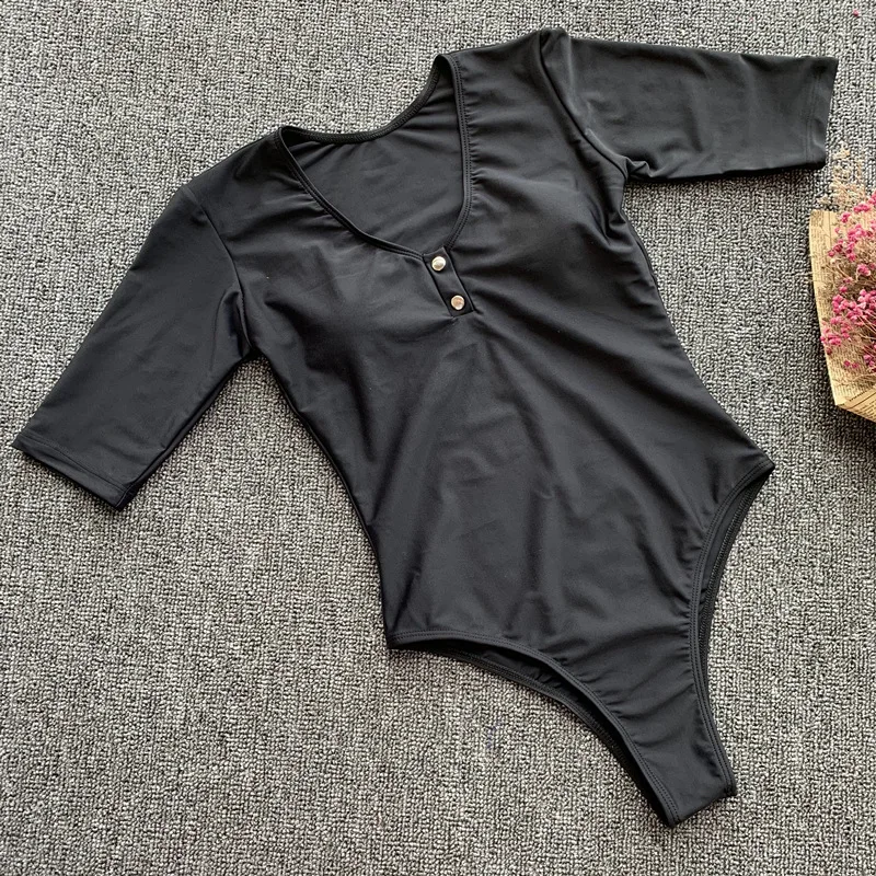 Горячий тонкий черный Maillot De Bain Femme Цельный купальник с половинным рукавом Женский Цельный купальник с пряжкой для плавания женский купальник