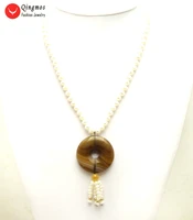 qingmos natural 6 7mm white pearl necklace for women 19 chokers necklace with 40mm donuts brown agates pendant necklace jewelry