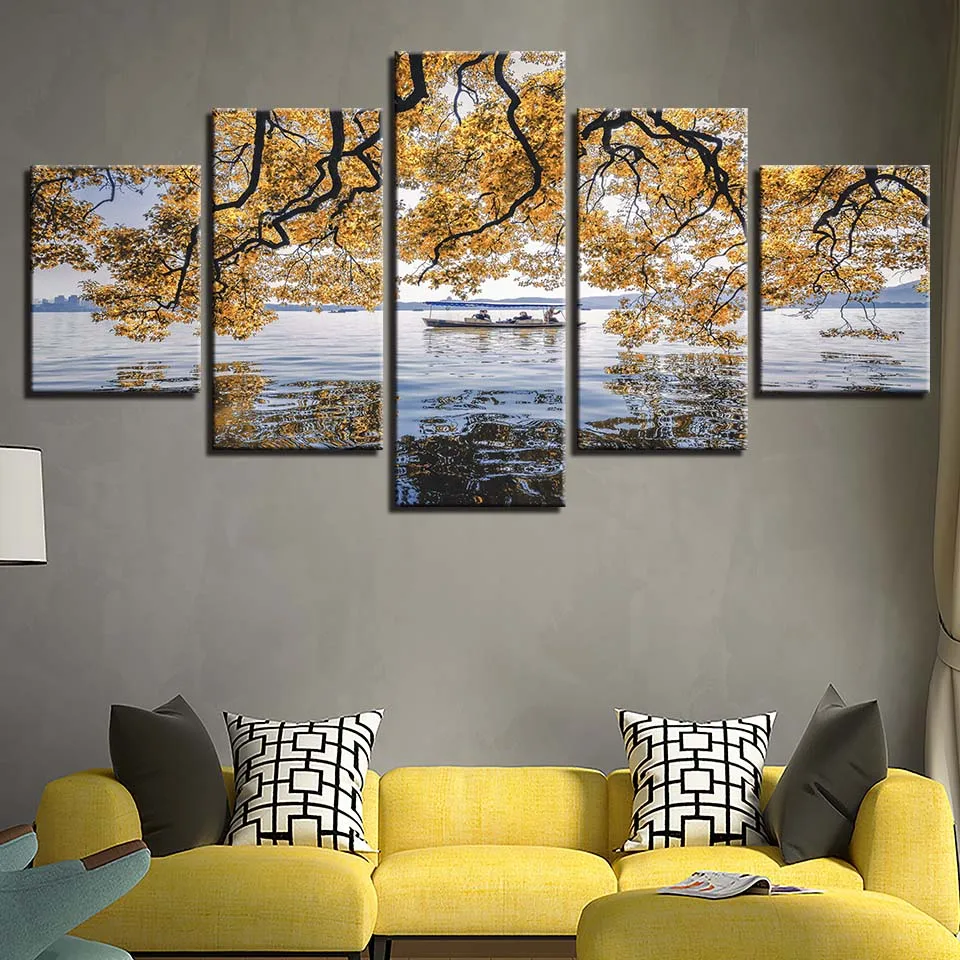 Картина на холсте HD печать домашний декор лодка 5 штук озеро стена искусство
