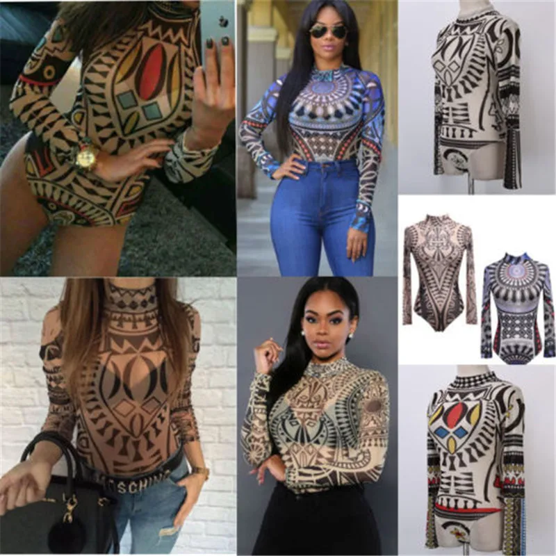Женское трико обтягивающее с этническим принтом Tatoo топ длинными рукавами M L