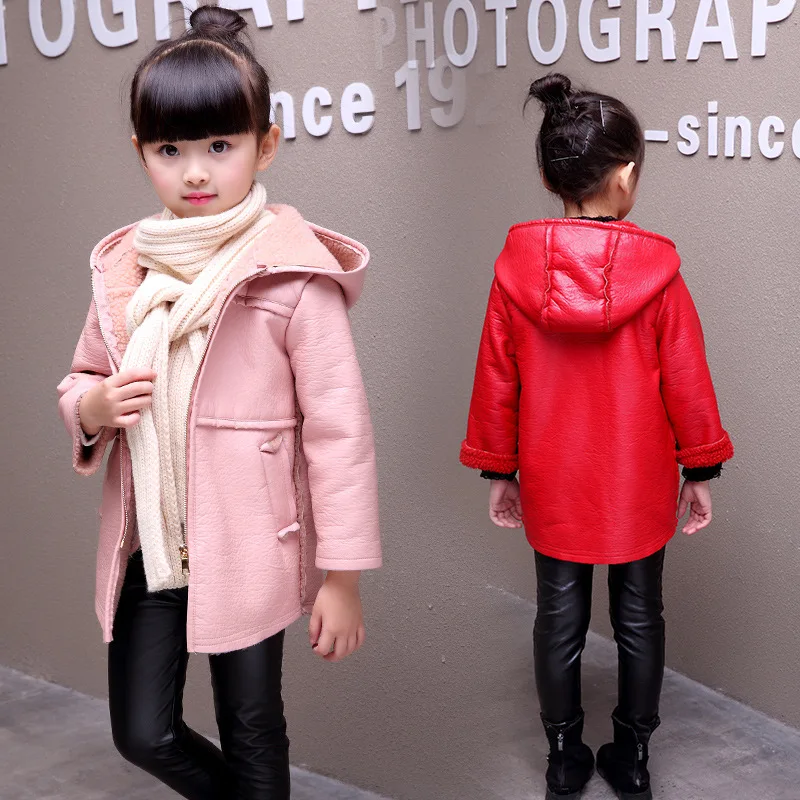 

2018 Winter New Kids Fashion Hooded Outerwear coat Children's PU fur coat with velvet teenager warm fleece Fluffy Outerwear coat