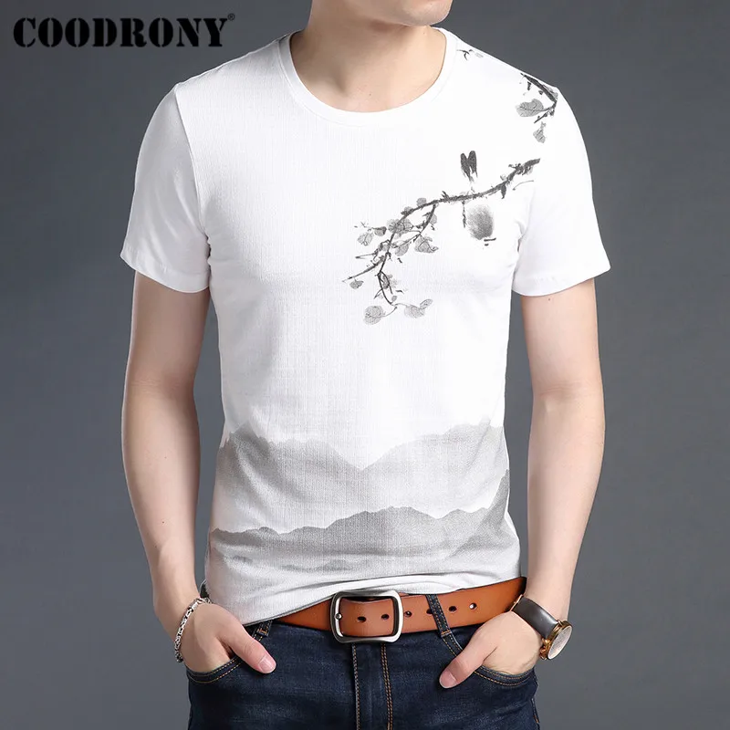 COODRONY, Мужская футболка, мягкая, хлопок, лен, короткий рукав, футболка, мужская, лето, китайский стиль, рисунок, o-образный вырез, футболка, Homme S95029