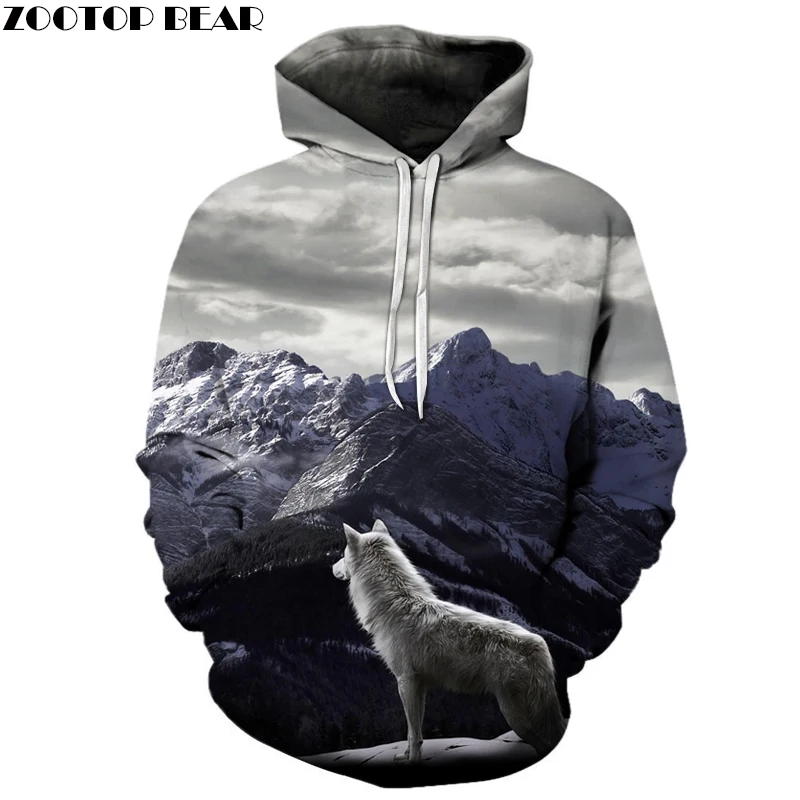 Wolf & Снежная гора 3D толстовки для мужчин/женские с капюшоном и принтом шляпа Мода