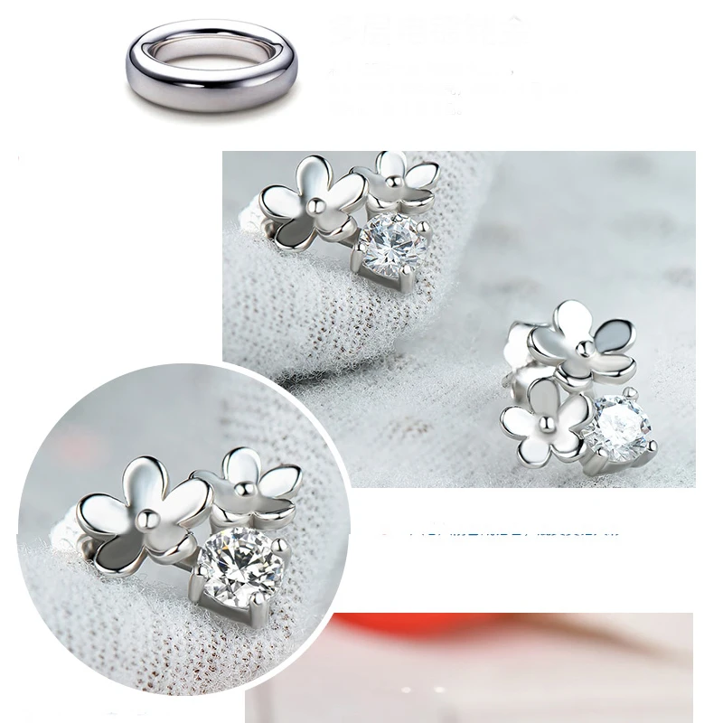 Модные женские серьги гвоздики серебристого цвета с кристаллами и двойным