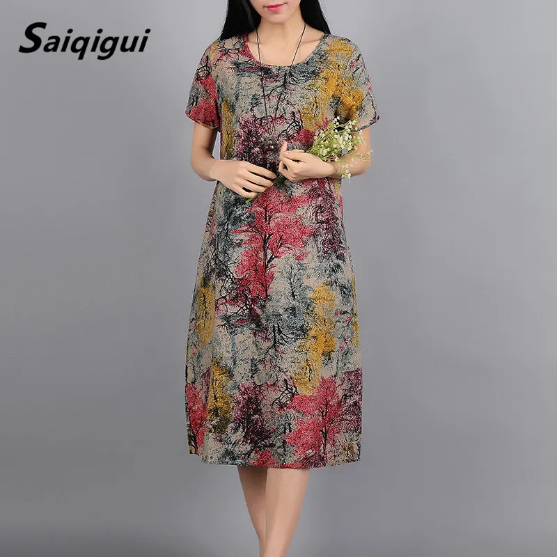 Saiqigui, летнее платье, короткий рукав, женское платье, повседневное, свободное, с принтом, хлопок, лен, платье с круглым вырезом, vestidos de festa размера плюс M-5XL