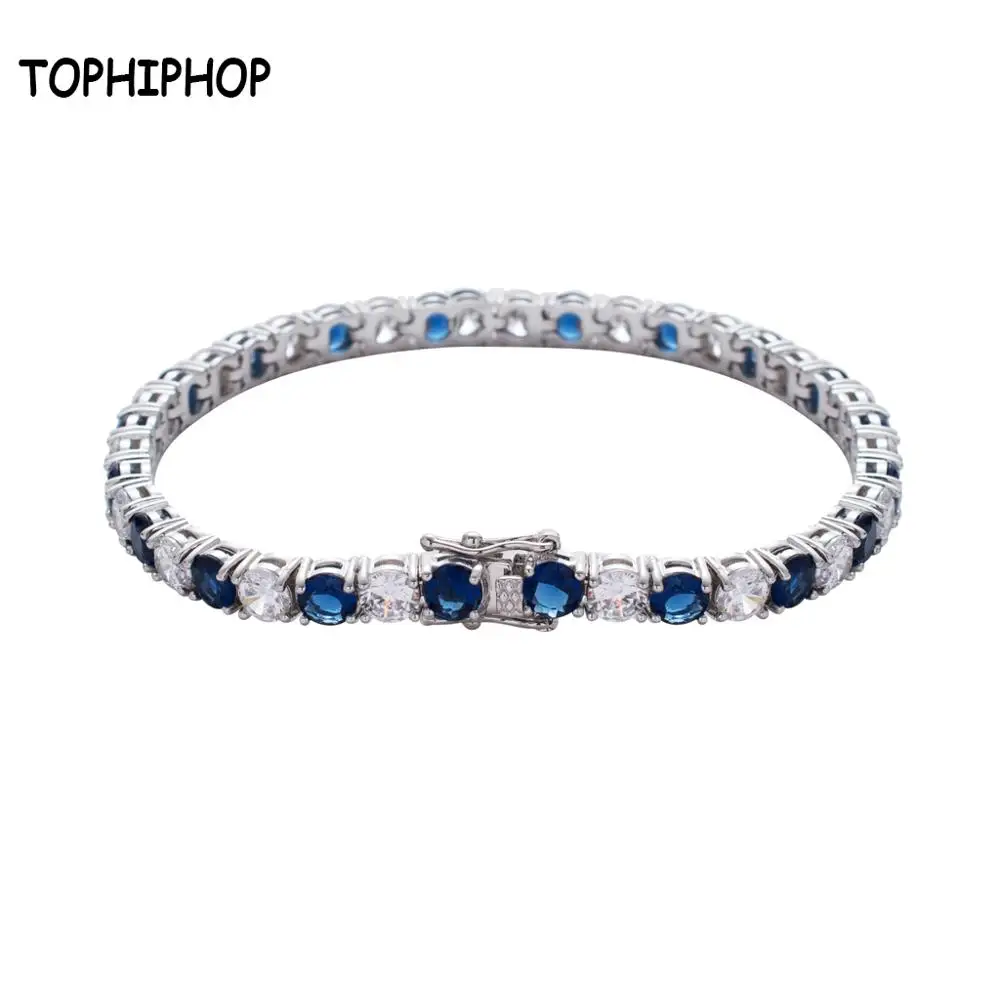 

TOPHIPHOP 5mm 1 Row Tennis Chain Bracelet Blue and White Ice Cube Zircon Bracelet Hiphop Men's and Women's Jewelry Exquisite Box