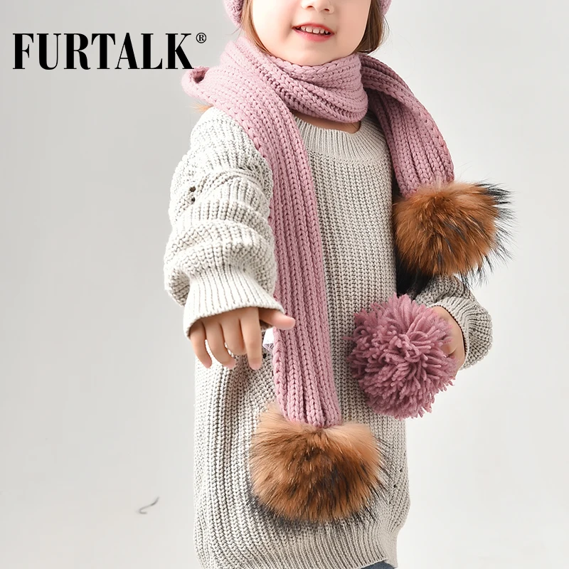 FURTALK детский вязаный шарф натуральный мех шарфы с помпонами для девочек и мальчиков CH021