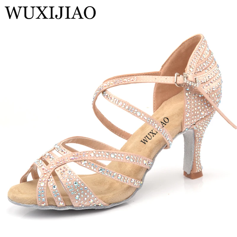 WUXIJIAO Latin Dance Shoes Women New laser Rhinestone Satin Salsa Party Ballroom Dancing Shoes Skin bronze Cuba high heel 9cm