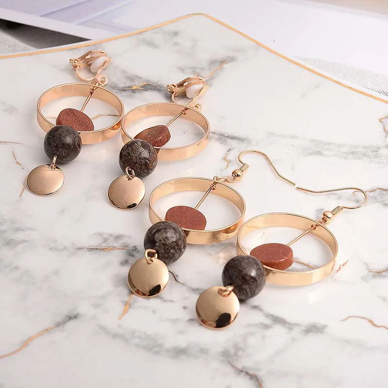 

Trendy Gold Clip On Earrings Big Howllo Circle Natural Stone Beads Withuot Pierceing For Female Party Ear Clip Fashion Jewelry