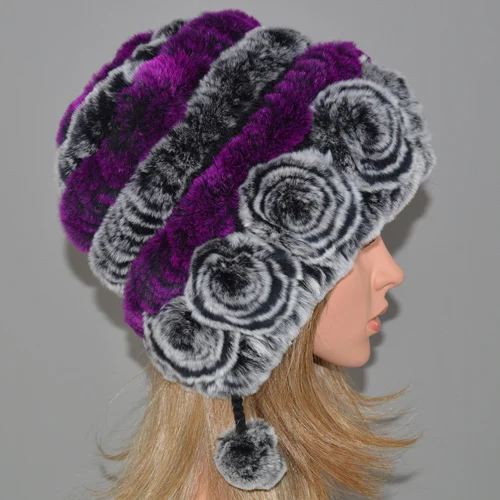grey and purple Россия хорошая эластичная вязаная шапка из меха кролика Рекс женская зимняя Настоящий мех кролика шапка натуральная меховая шапка оптом и в розницу - Цвет: grey and purple