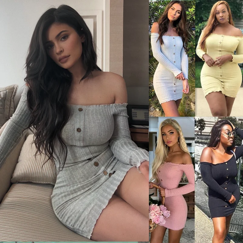 Женское трикотажное платье с открытыми плечами облегающее мини длинным рукавом