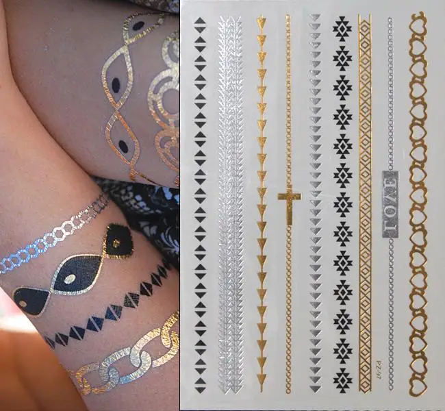 

Hot Fashion 1 Sheet Temporary Metallic Tattoo Gold Silver Black Flash Tattoos Fake Bracelet Tatoo For Women