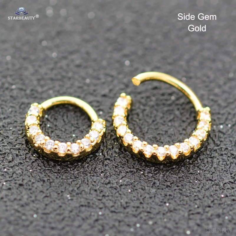 Side Gem Gold 1 шт. яркий драгоценный камень нос кольцо для козелка пирсинг спираль серьги перегородка кликер нос Имитация пирсинга пирсинг кольцо ухо обруч украшения для тела - Окраска металла: Side Gem Gold