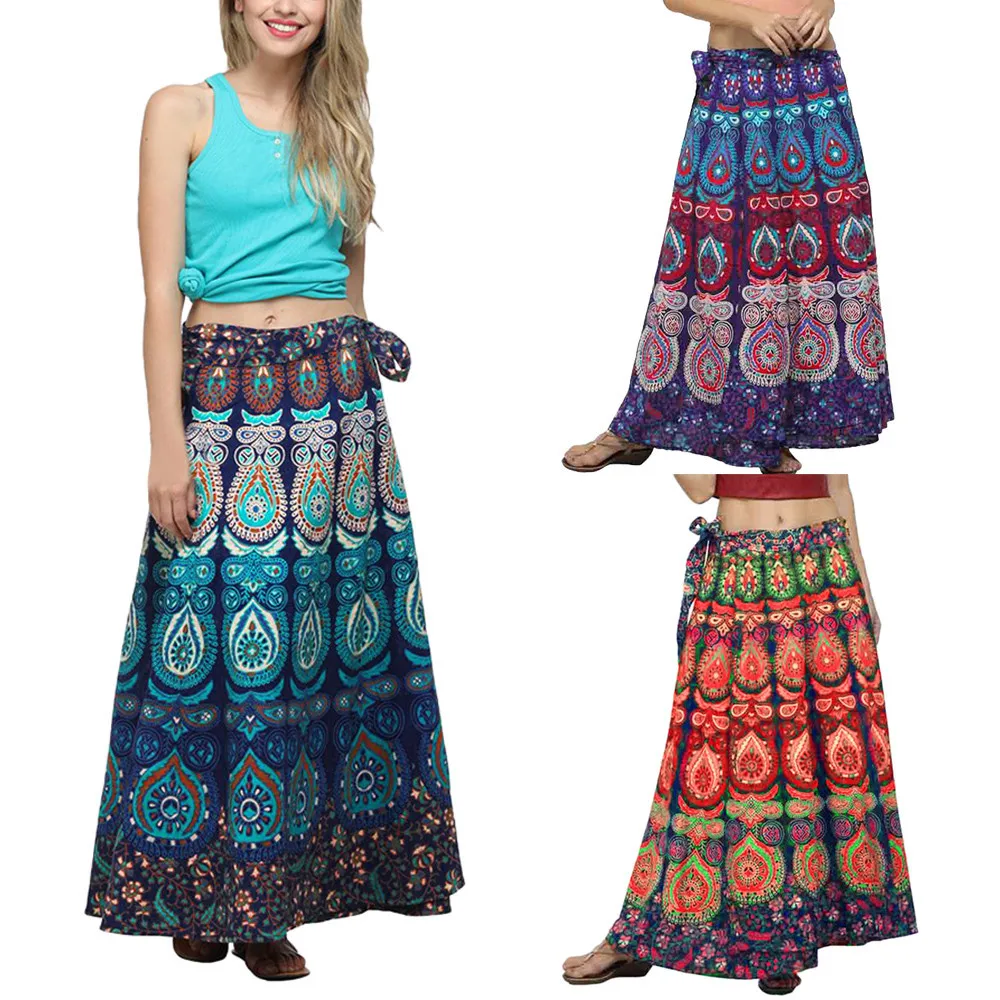 2019 Women Casual Multicolor Feather Print Skirt Polyester Loose Boho Long Bohemian Beach Tops | Женская одежда