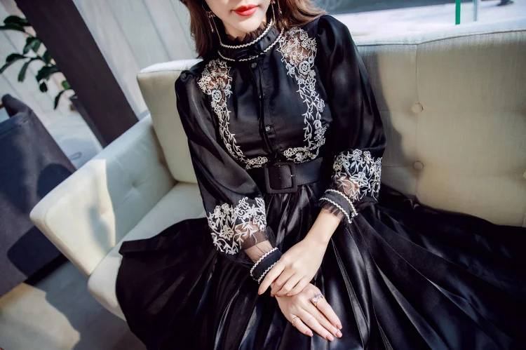 Женское платье с длинным рукавом черное винтажное Плиссированное Платье для