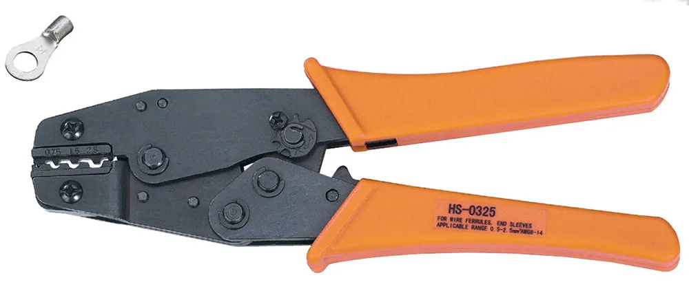 

Щипцы Обжимные с храповым механизмом, HS-0325 дюйма, для неизолированных клемм 20-14 AWG 0,75-2, 5 мм2