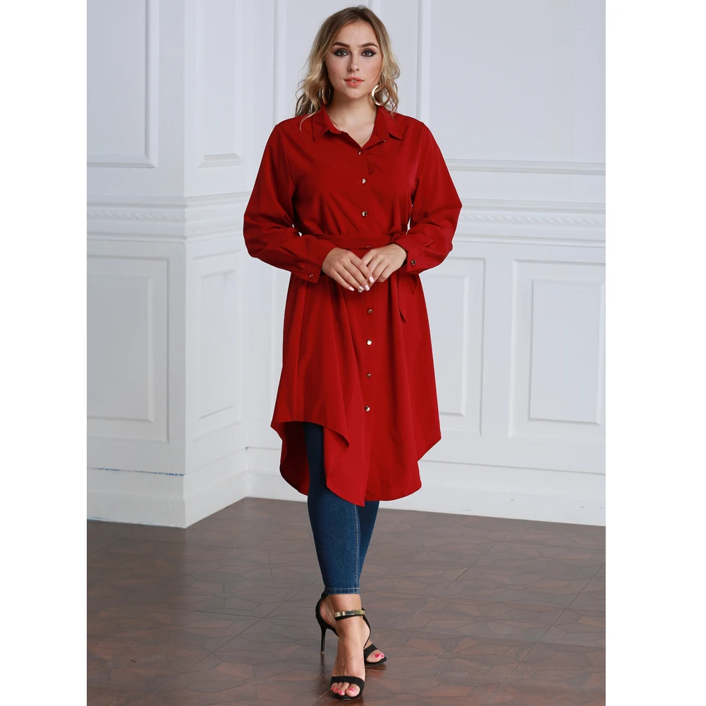 Romacci 4XL 5XL 6XL Plus Size Shirt Dress Women Long Sleeve Irregular Hem Belted Solid Casual Tunic Blouse Tops | Женская одежда