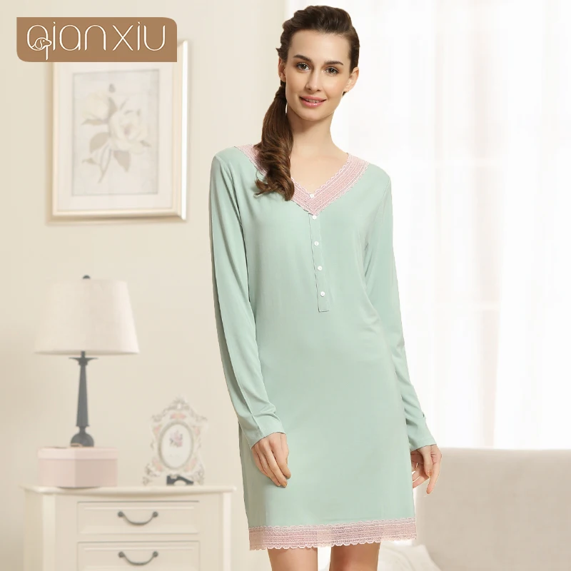 Pijamas Mujer Nightskirt Лето Модальные Повседневная Ночная Рубашка С Длинными рукавами До