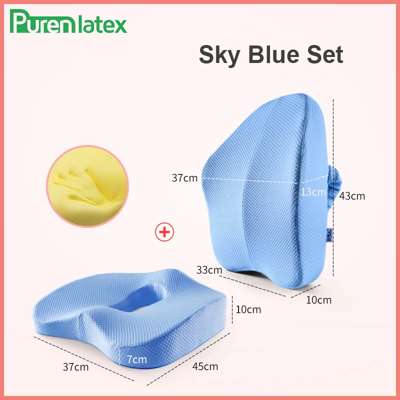 Sky Blue 2 Pcs Set Ортопедическая подушка с эффектом памяти, комплект из 2 предметов, подушка для офисного стула, подушка для копчика, коврик для автомобильного сиденья, коврики для геморроя позвонка, Защита позвоночника - Цвет: Sky Blue 2 Pcs Set