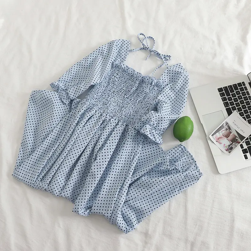 Women Dress Женское летнее шифоновое платье в горошек с квадратным воротником и рукавом-фонариком, винтажное эластичное облегающее платье-пуловер средней длины - Цвет: Women Dress