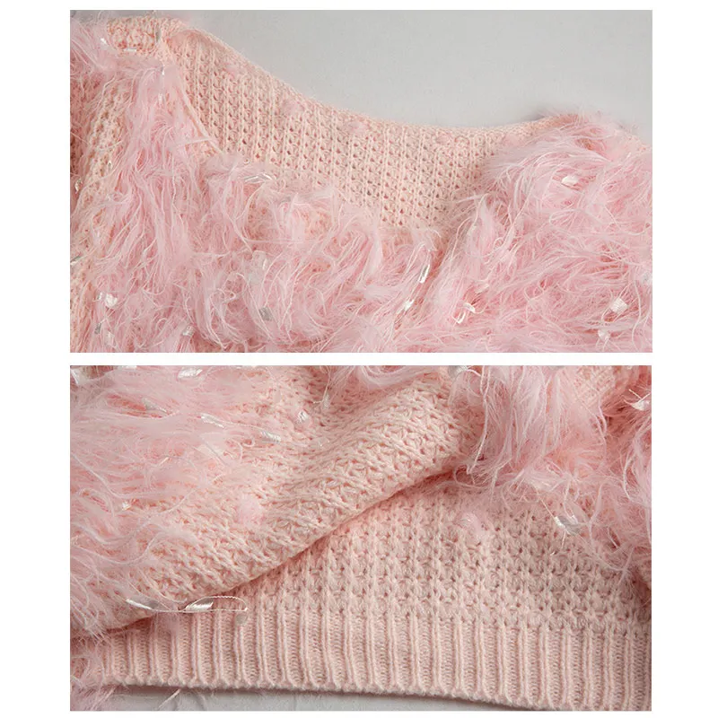 Willstage Winter Pink Sweater Women Feather Long Sleeve Tassel Pullovers Elegant O neck Knitted Tops 2019 Autumn Clothes Female | Женская