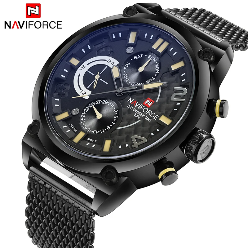 

Часы наручные NAVIFORCE Мужские кварцевые, роскошные брендовые аналоговые спортивные из нержавеющей стали, водонепроницаемость 3 АТМ, с 24-часов...