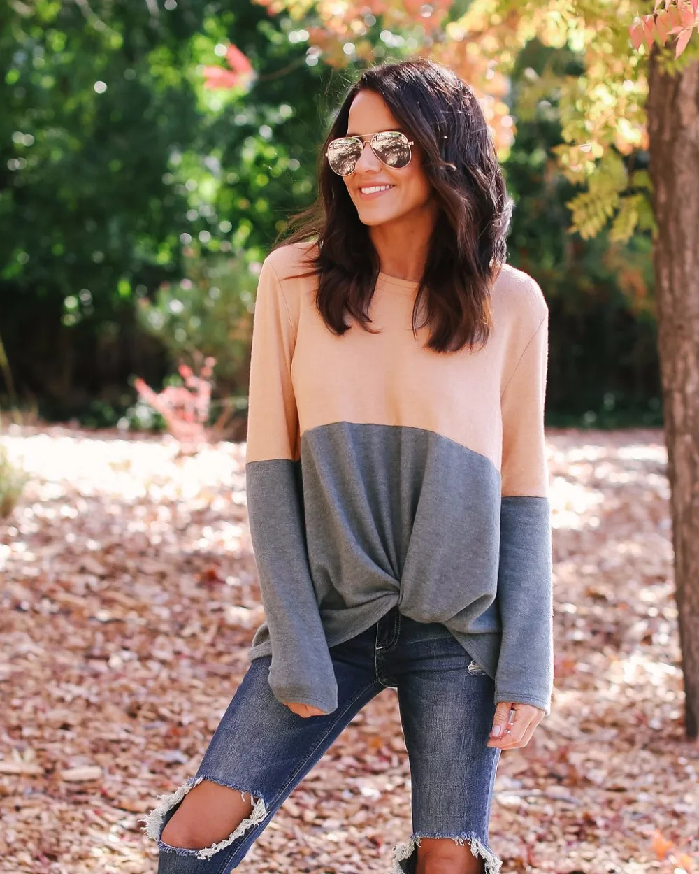 RongHe Cashmere Women Clothes Knitted Sweater Long Sleeve Pullovers Bow Lady Jumper Loose Patchwork Irregular Top Femme | Женская одежда