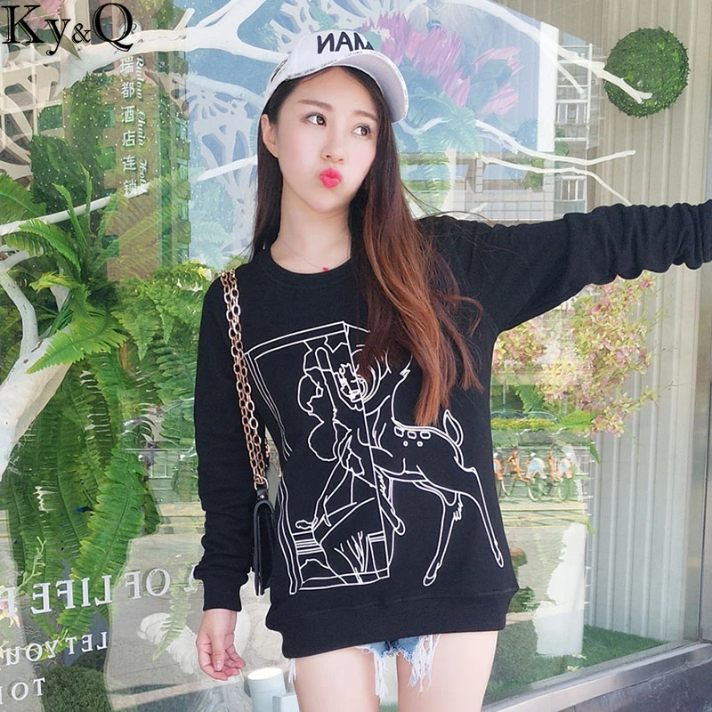 2017 Harakuku Casual Black Hoodies Women Fawn Print Long Sleeve Female Luxury Kawaii Bts Sweatshirt Pullover Clothing Coat | Женская