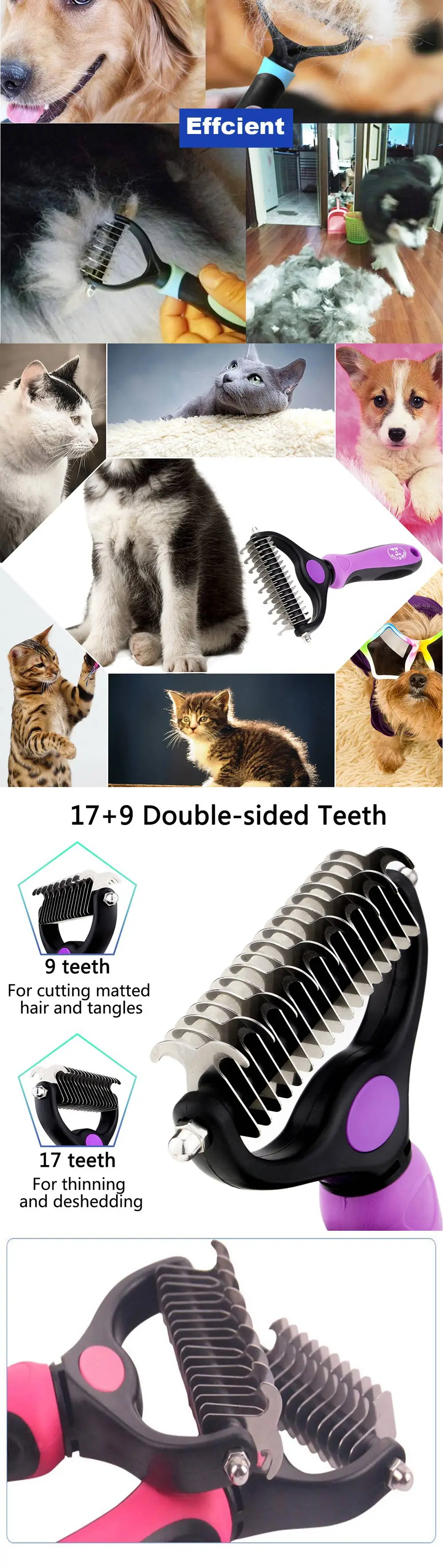 Pet мягкая нержавеющая двухсторонняя собака для домашних животных, кошечка, щетка для собак, гребень для животных расческа для удаления волос для собак, кошек